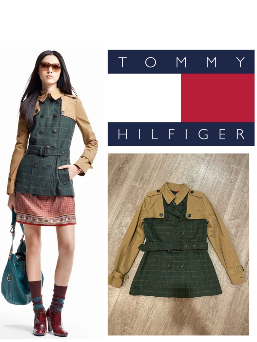NWOT Tommy Hilfiger Midi Tan Trench Coat with Green Plaid Wool Body and Belt
